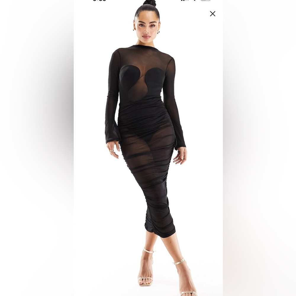 ASOS DESIGN ruched mesh midi dress curved bodice bodysuit in black US Size 6
